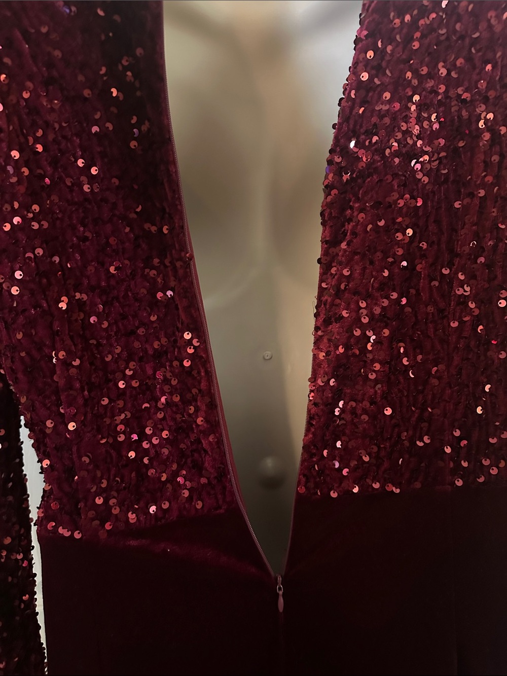 Burgundy Sequin Velvet Long-Sleeve Wrap Gown - Picture 4 of 7